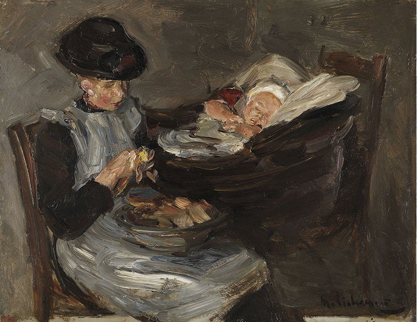 Pige fra Laren, der skræller kartofler med et sovende barn i en kurv - Max Liebermann