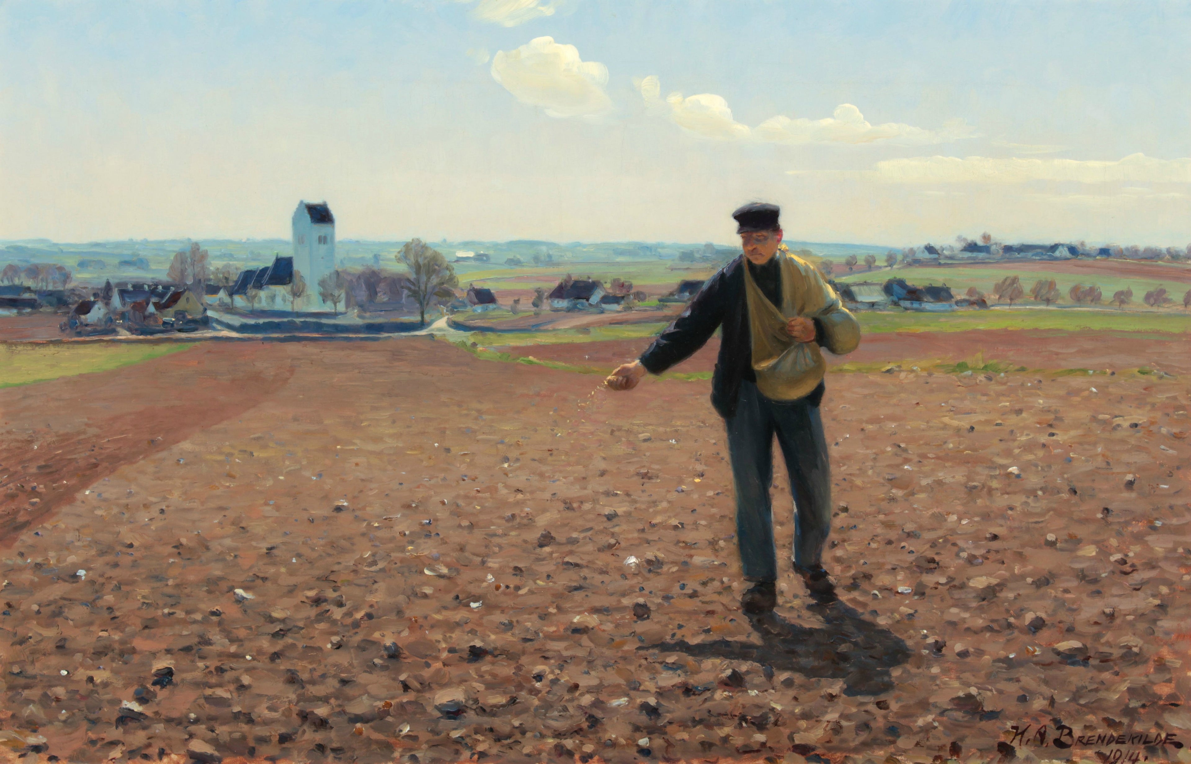 Un semeur de champ par une journée ensoleillée de printemps à l'église de Brendekilde - H. A. Brendekilde