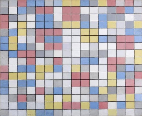 Reproduction du tableau « Rastercompositie 9 : la dambordcomposite contient des couleurs différentes - Piet Mondrian » par Alpha Reproduction en peinture à l’huile