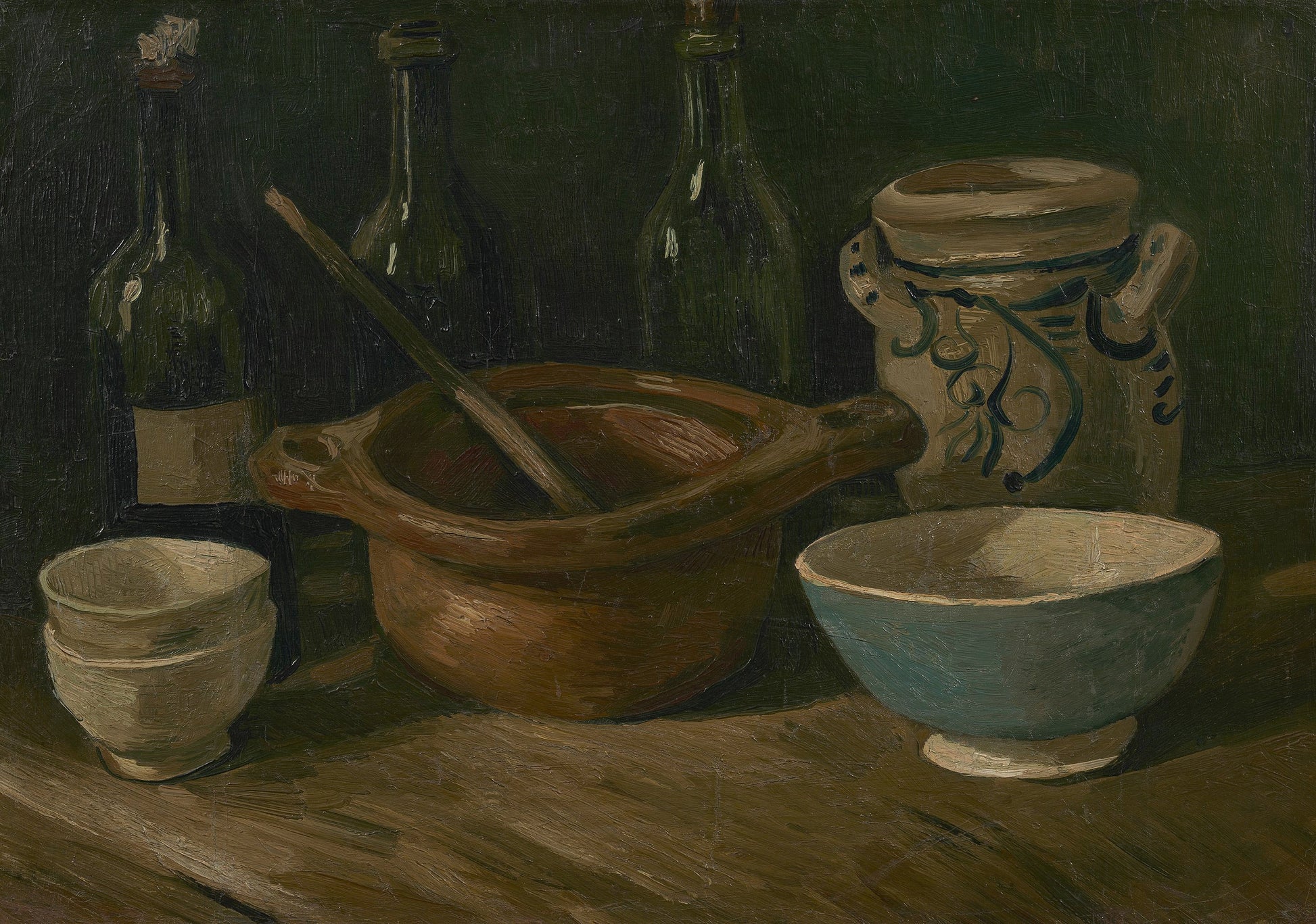 Reproduction du tableau « Nature morte avec faïence et bouteilles - Vincent van Gogh » par Alpha Reproduction en peinture à l’huile