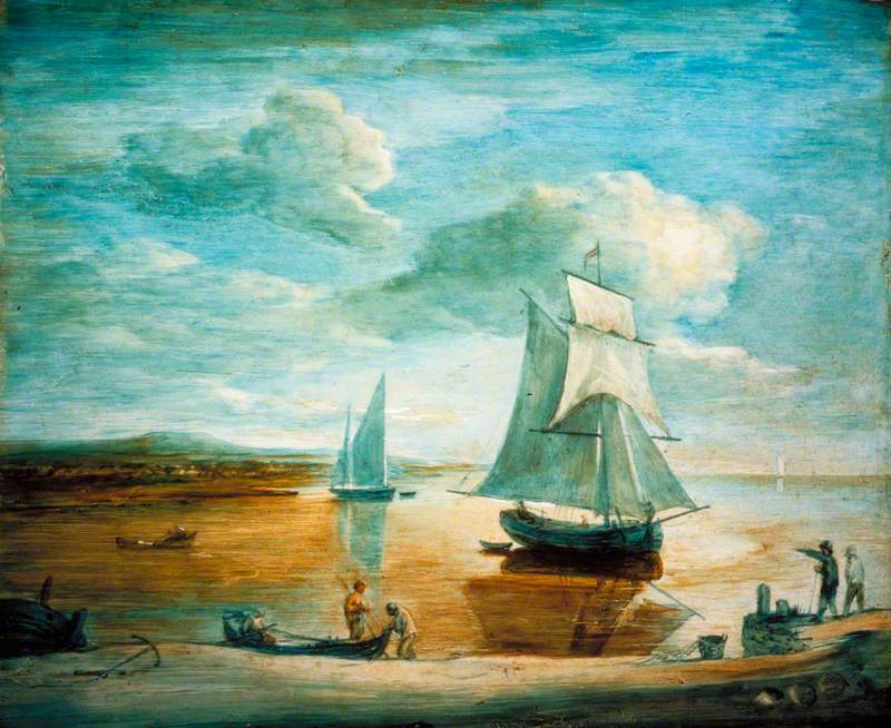 Scène côtière avec des bateaux à voile et à rames et des personnages sur le rivage - Thomas Gainsborough