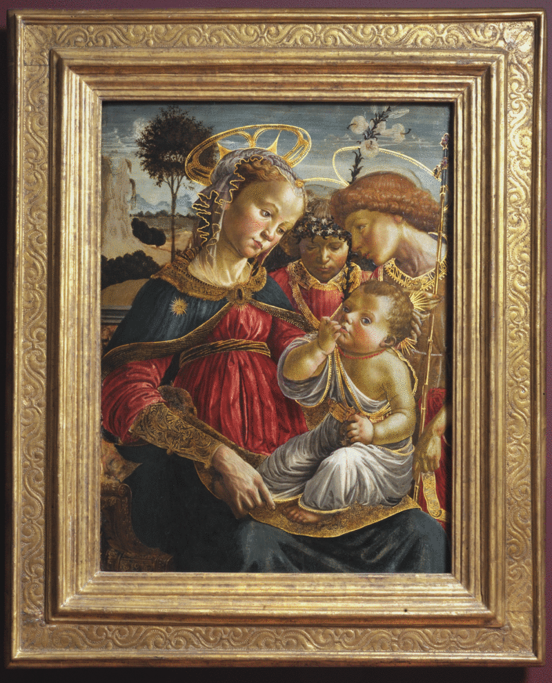 Jomfruen, Sankt Johannes Døberen og en engel, der tilbereder Jesusbarnet - Sandro Botticelli