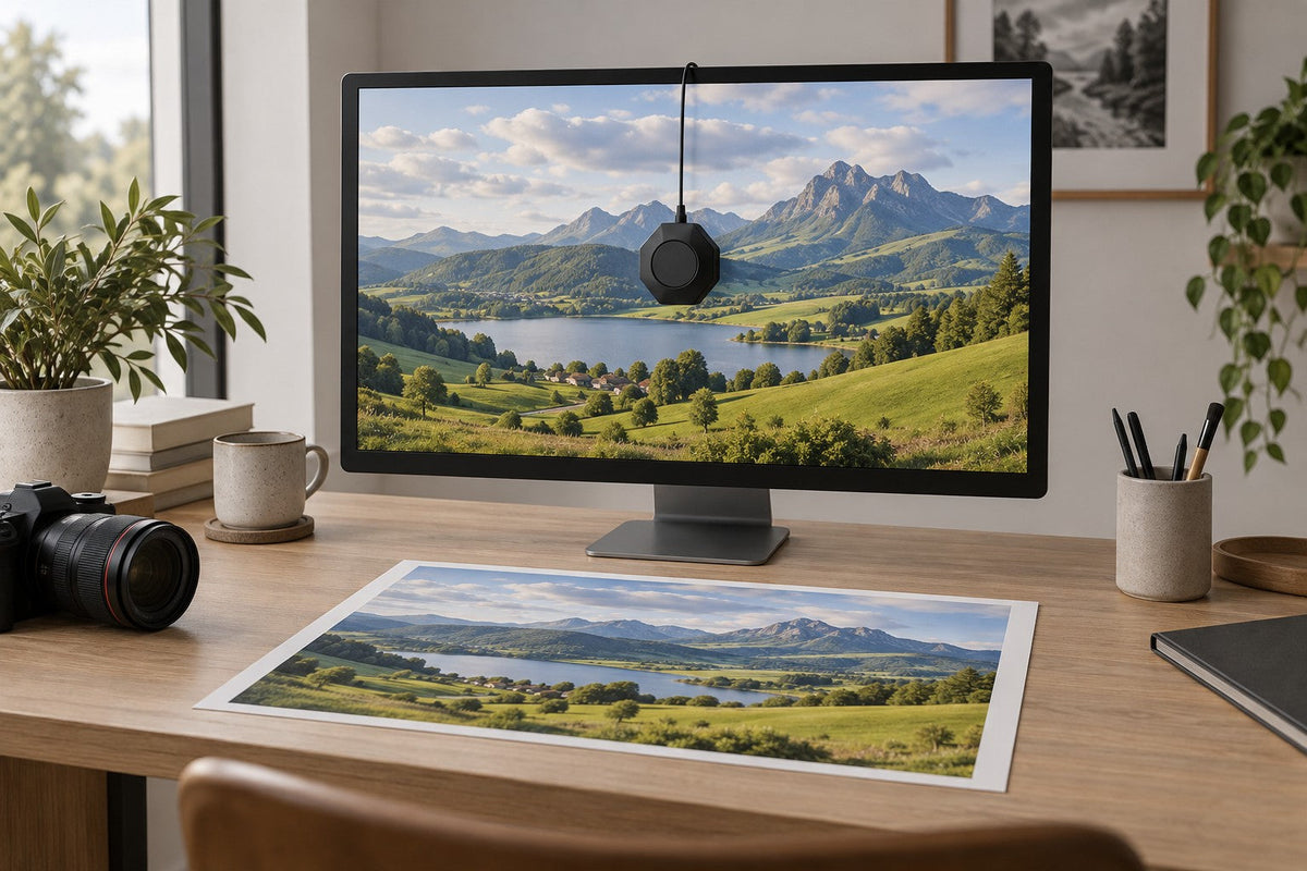Illustration IA : écran, sonde de calibration et photographie imprimée