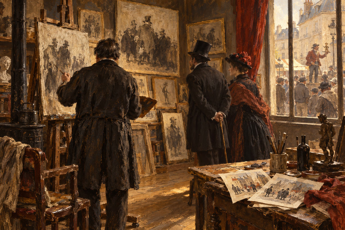 Atelier parisien imaginaire du XIXe siècle — illustration éditoriale générée pour le parcours Honoré Daumier