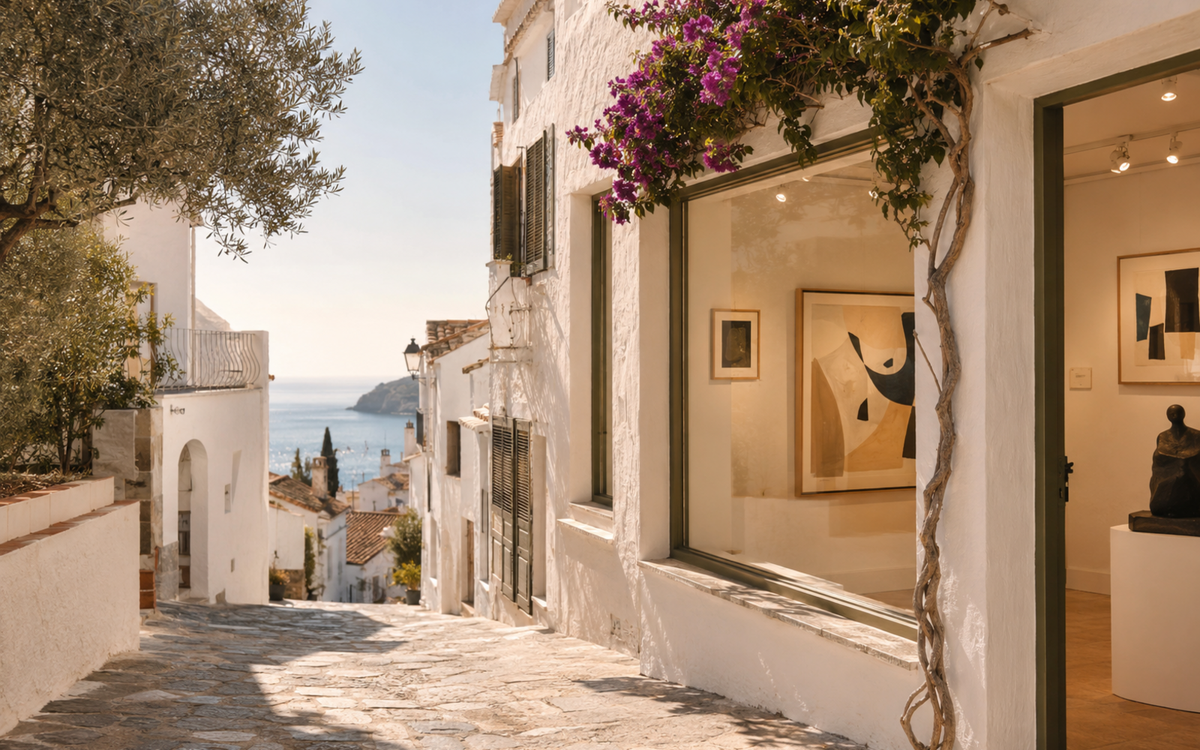 Galeries d’art à Cadaqués dans une ruelle blanche ouverte sur la Méditerranée