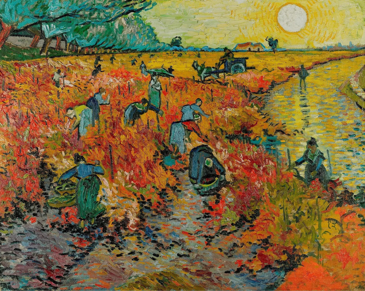 La Vigne rouge de Vincent van Gogh, vendangeurs au soleil couchant près d’Arles