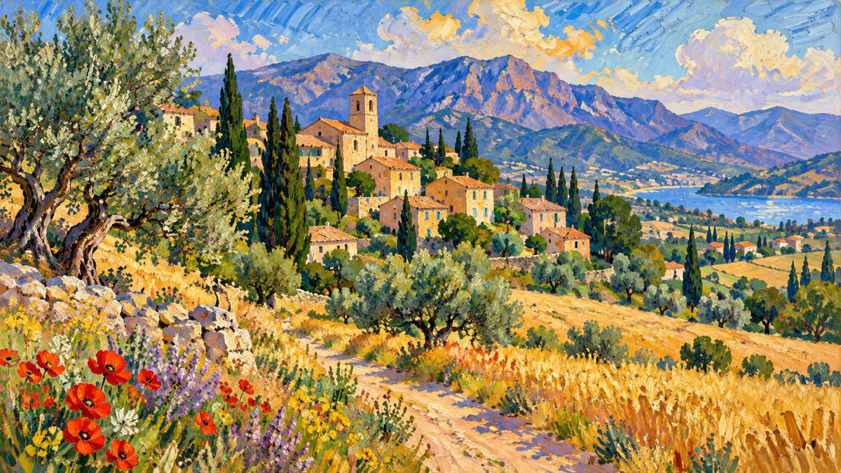 Illustration originale d’un paysage aux couleurs et touches expressives évoquant le post-impressionnisme.