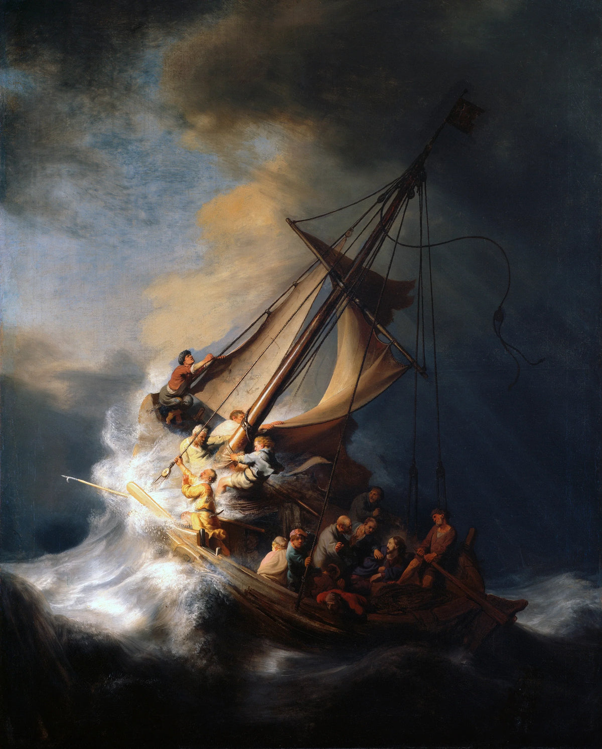 Rembrandt, La Tempête sur la mer de Galilée, navire incliné dans une mer déchaînée