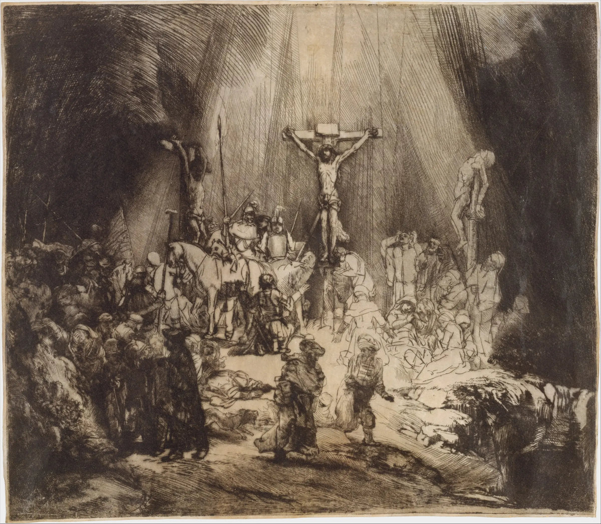 Rembrandt, Les Trois Croix, premier état, exemple pour les catalogues Bartsch, Hind et New Hollstein