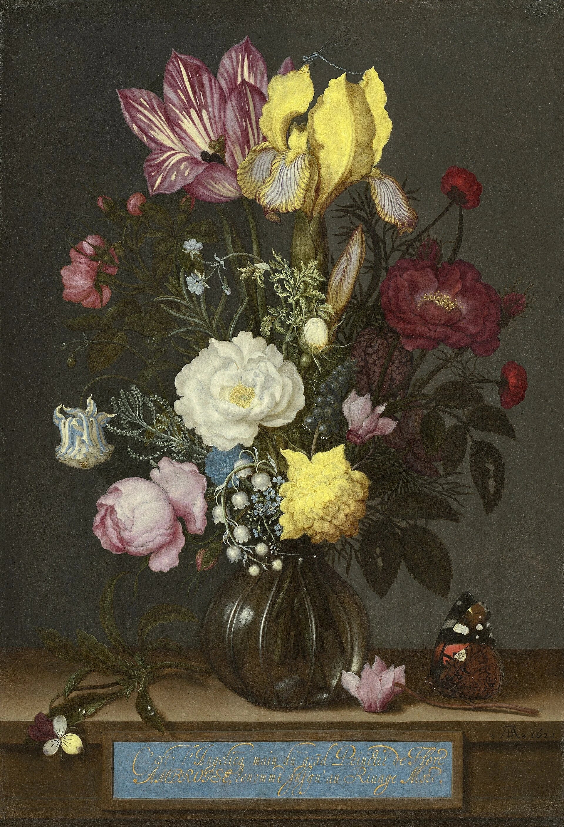 Bouquet de fleurs dans un vase en verre, peinture de Ambrosius Bosschaert l’Ancien