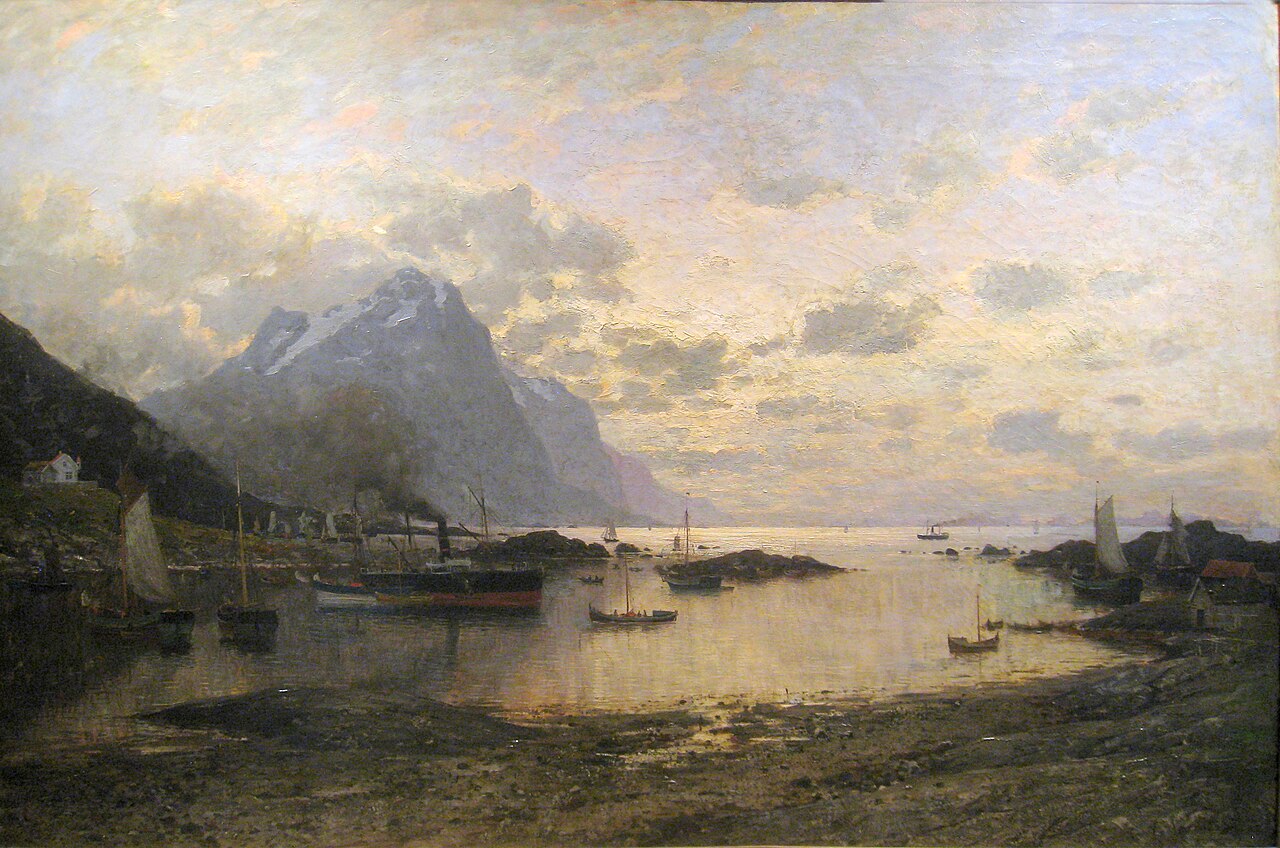 Arrivée du navire postal aux Lofoten, Adelsteen Normann, 1885, peinture à l’huile