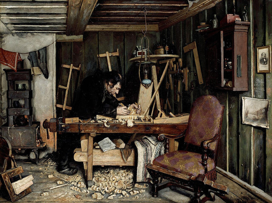 Atelier de menuisier, Gustav Wentzel, 1881, peinture à l’huile