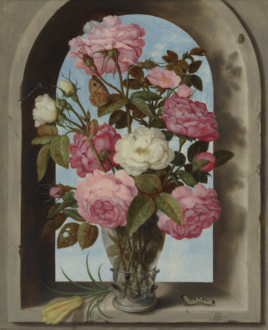 Rozen in een roemer, geplaatst in een venster met een crocus en een rups Still-life with Roses in a Glass Vase de Ambrosius Bosschaert