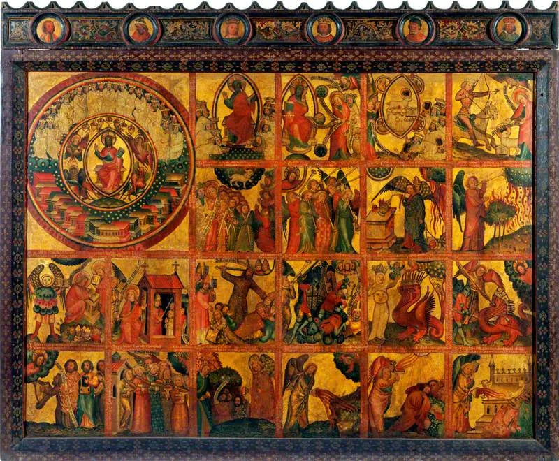 21 scener fra Apokalypsen (triptyk altertavle, midterpanel) - Mester Bertram