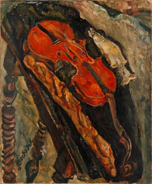 Stillleben med violin, brød og fisk - Chaim Soutine