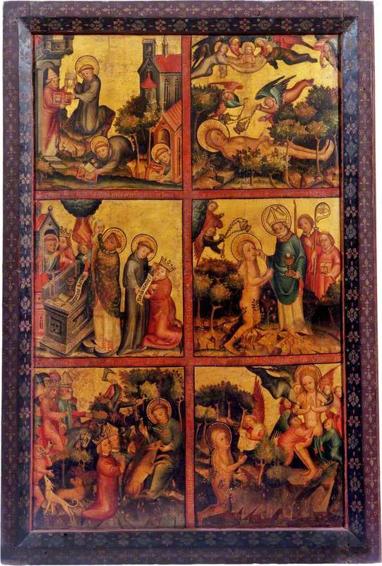 3 scener fra Saint Gilles' liv; 3 scener fra Jomfru Maria Magdalena's liv (triptyk, ydre højre panel) - Mester Bertram