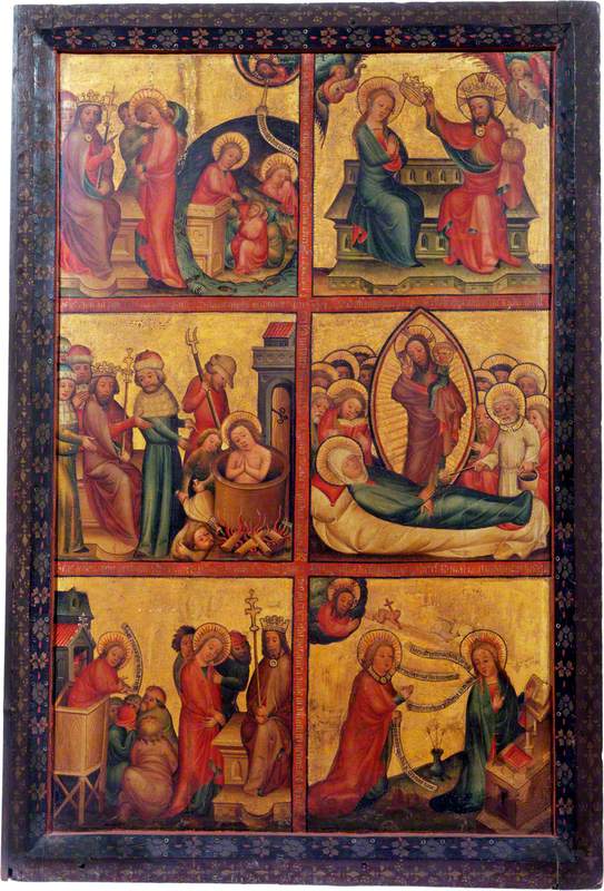 3 scener fra Sankt Johannes Evangelistens liv ; 3 scener fra Jomfru Marias liv (triptyk, yderside af venstre panel) - Mester Bertram