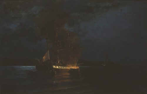 L’Incendie du navire amiral turc par Kanaris, Konstantinos Volanakis, date non précisée, Oil on canvas