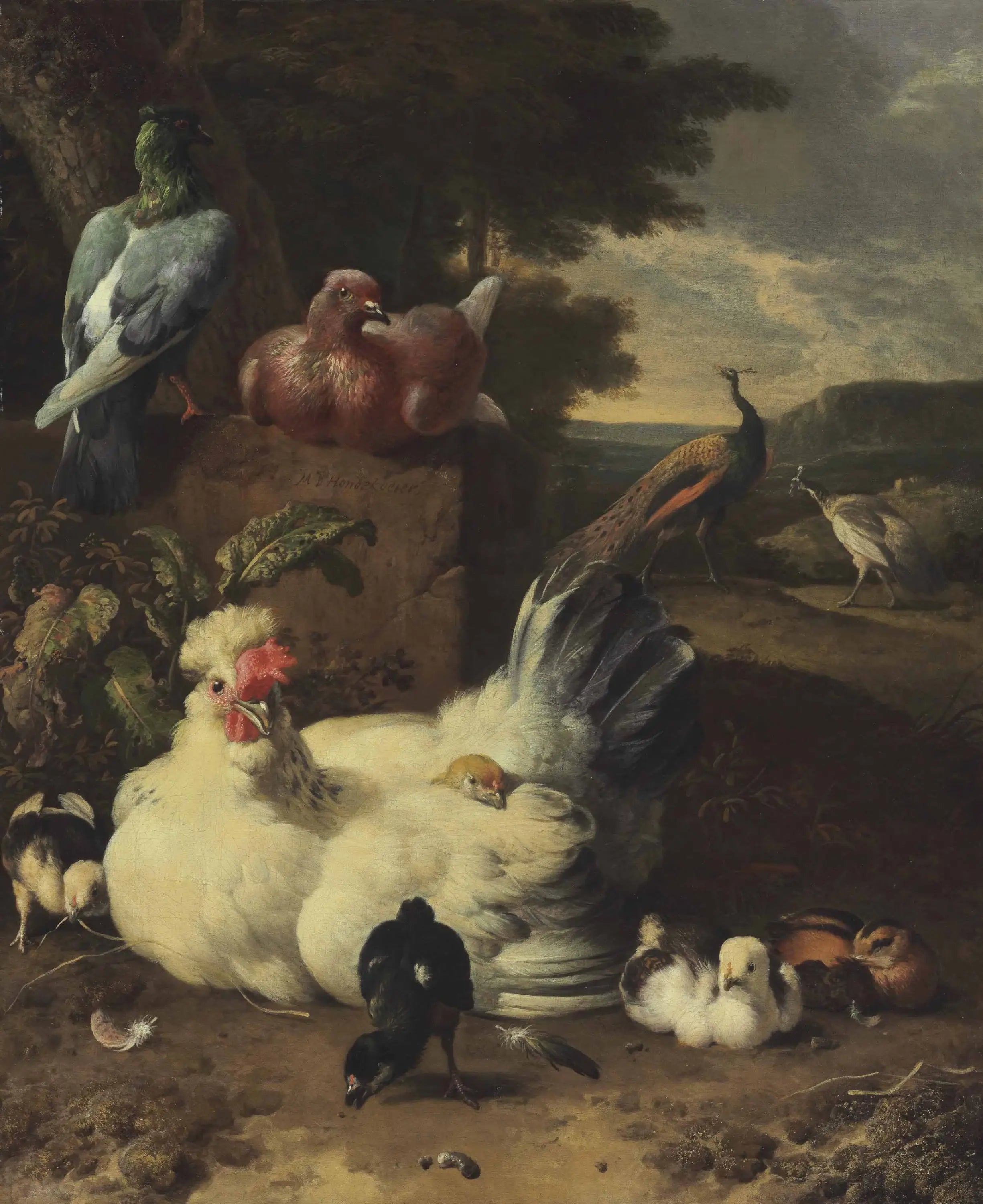 Une poule des poussins des colombes et des paons à côté d’un mur de pierre dans un paysage - Melchior de Hondecoeter