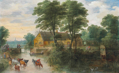 Paysage fluvial avec des maisons et du bétail, Anvers au loin - Jan Brueghel le Jeune