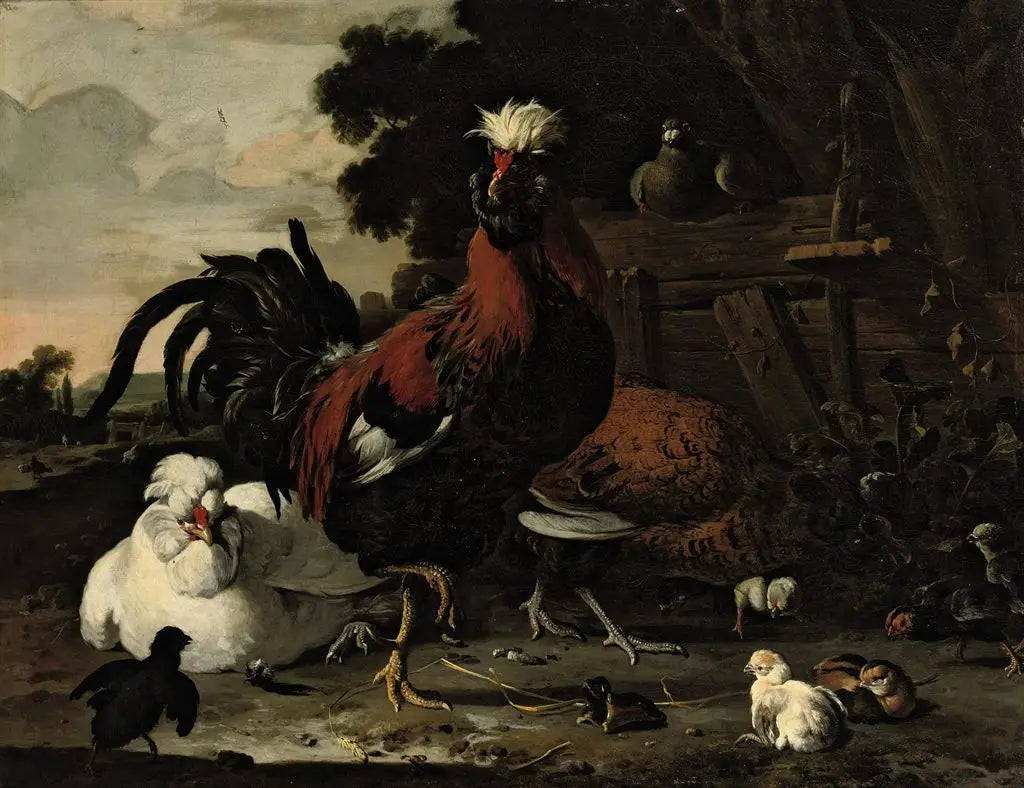 Un coq des poules des poussins et un pigeon près d’une palissade de bois dans un paysage - Melchior de Hondecoeter