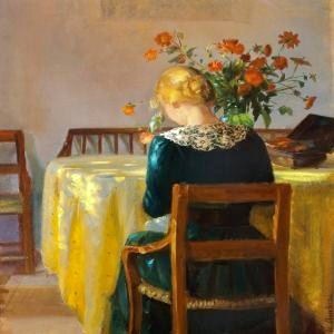 Intérieur avec Helga la fille du peintre en train de coudre - Anna Ancher - Alpha Reproduction