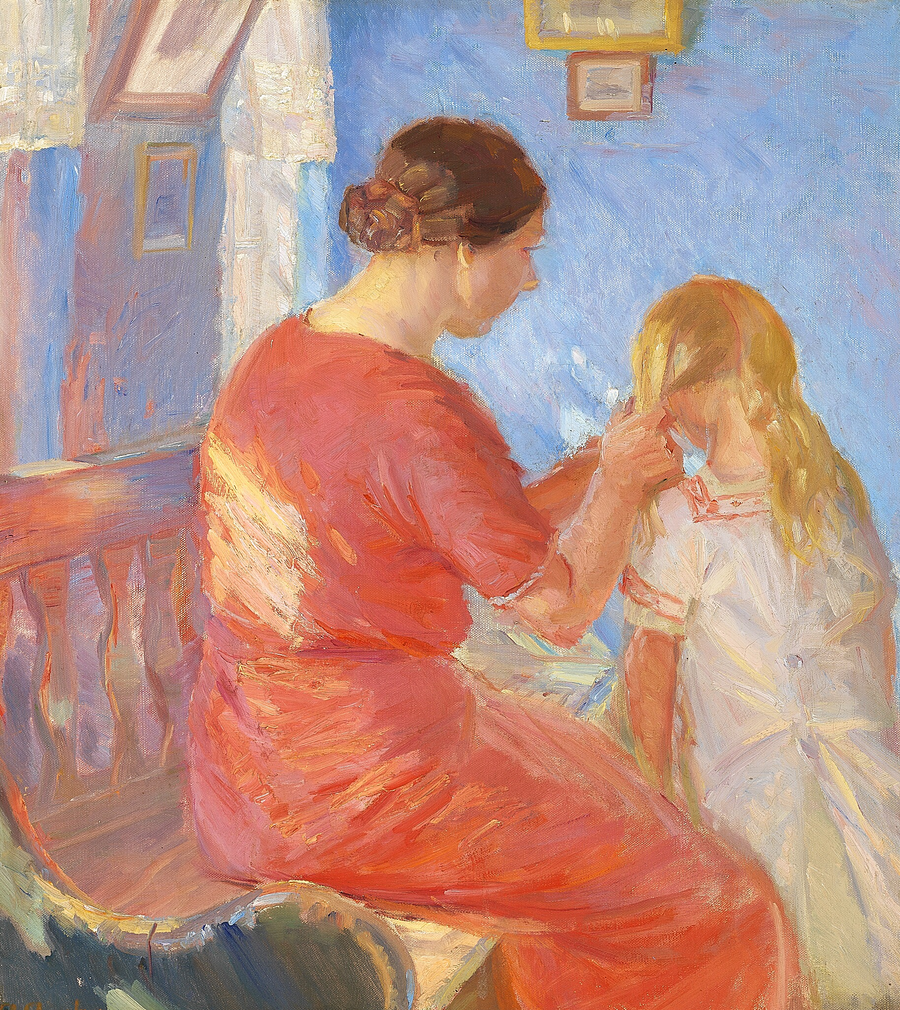 En mor, der fletter sit barns hår. - Anna Ancher