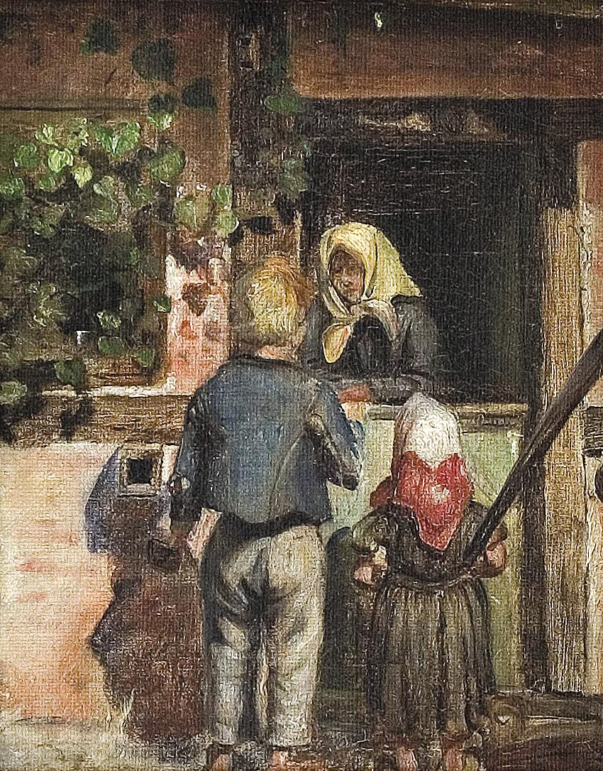 Deux enfants et une vieille femme se tiennent devant une porte. - Anna Ancher - Alpha Reproduction
