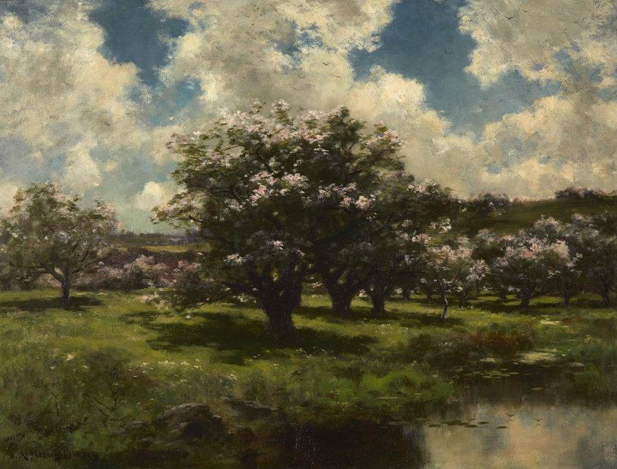 Pommiers en fleurs près d’un étang – John Appleton Brown