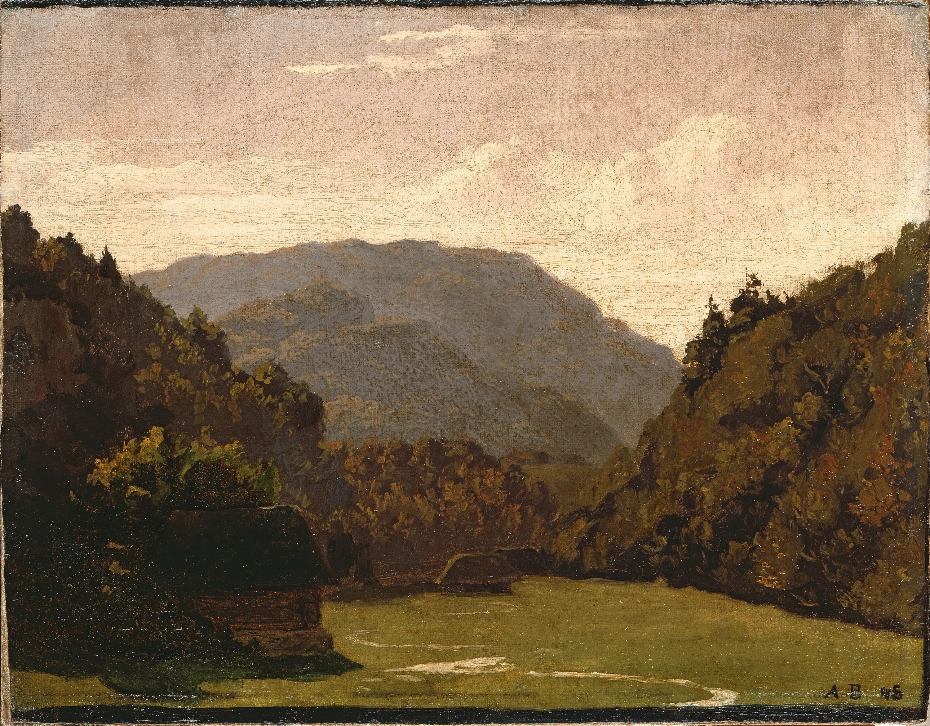 Paysage vallonné avec des cabanes en rondins et un ruisseau dans la plaine - Arnold Böcklin - Alpha Reproduction