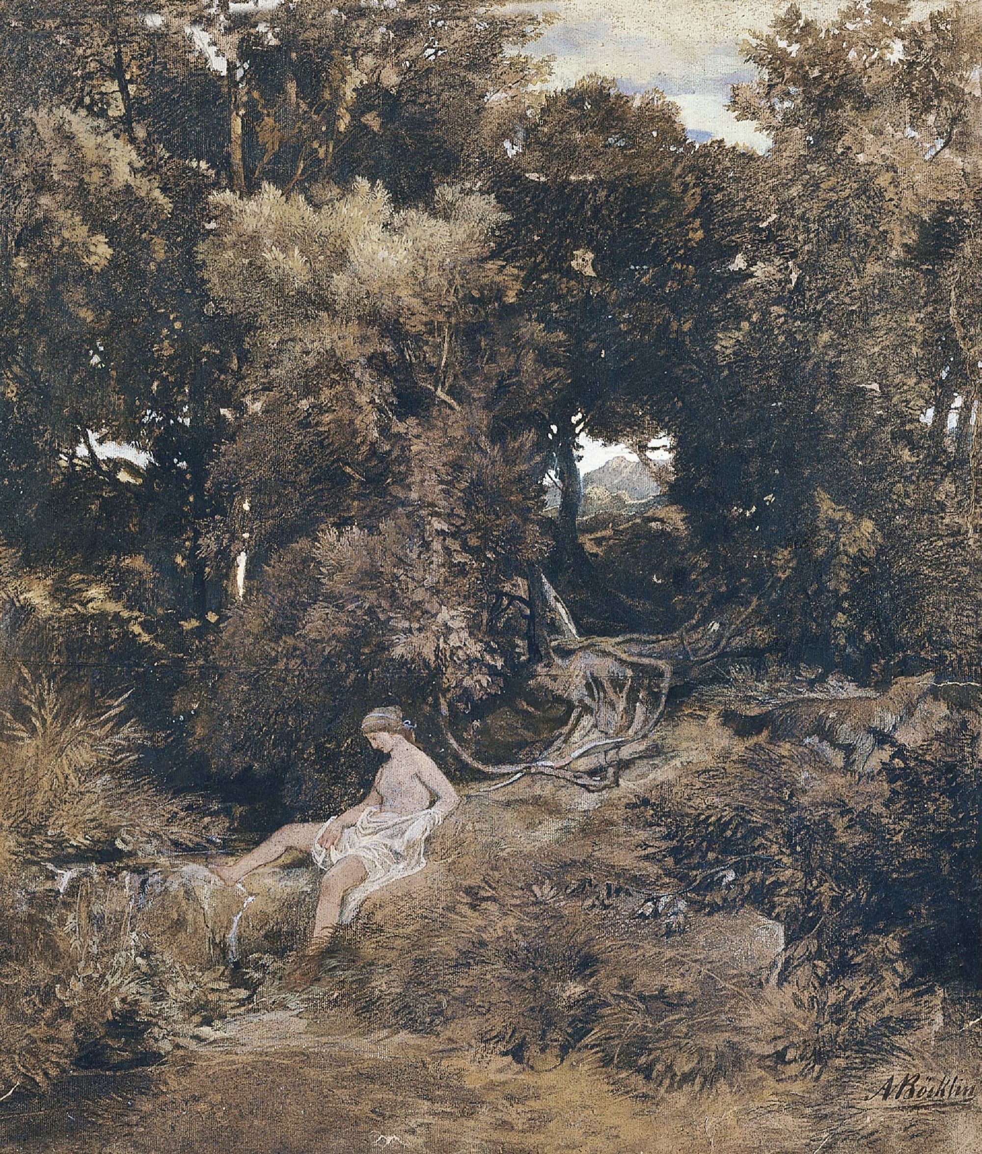Une nymphe à la fontaine (Pan, À la poursuite d'une nymphe) - Arnold Böcklin