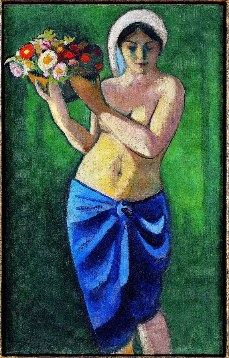 Kvinde der holder en skål med blomster - August Macke