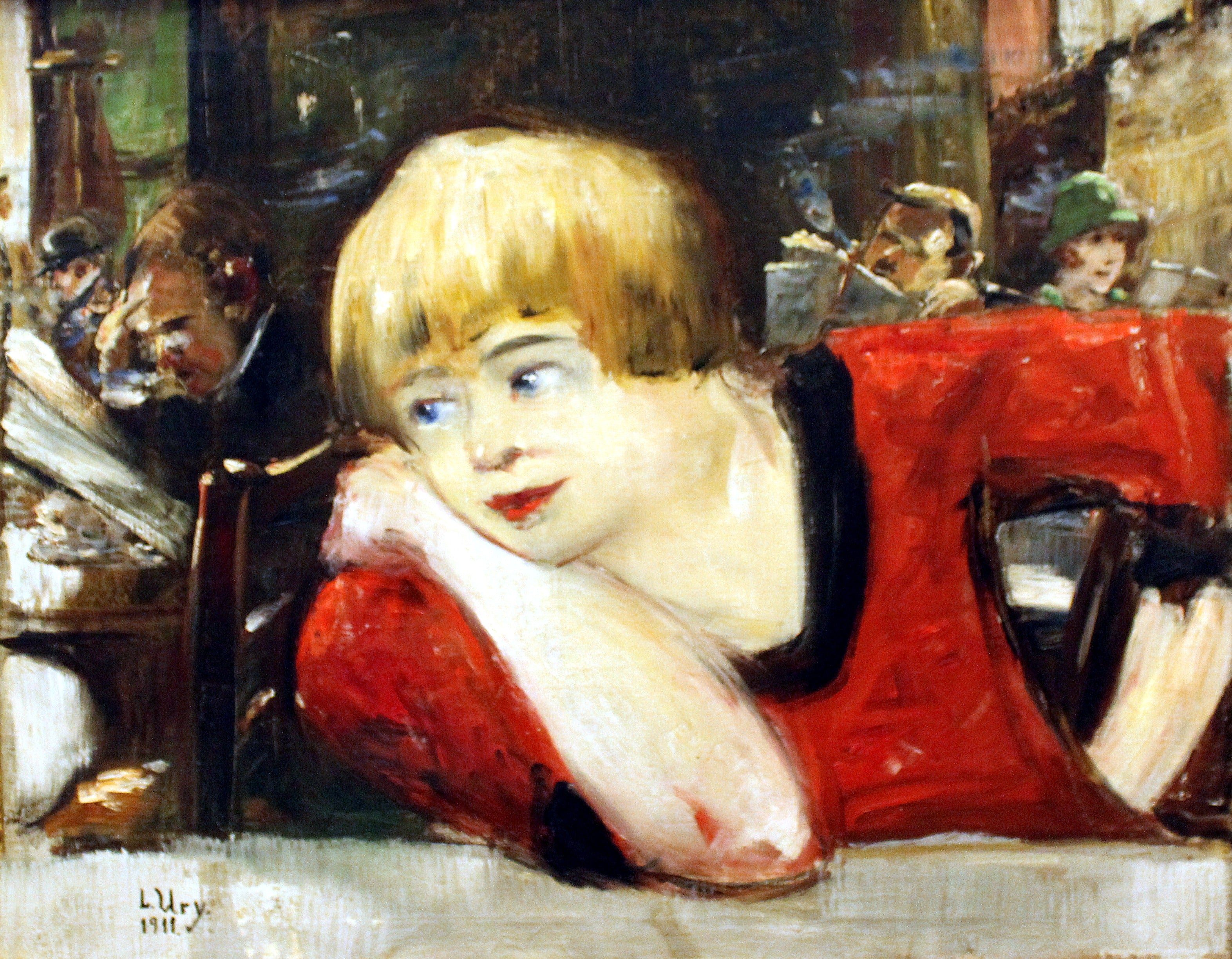 Au café, Femme en rouge - Lesser Ury