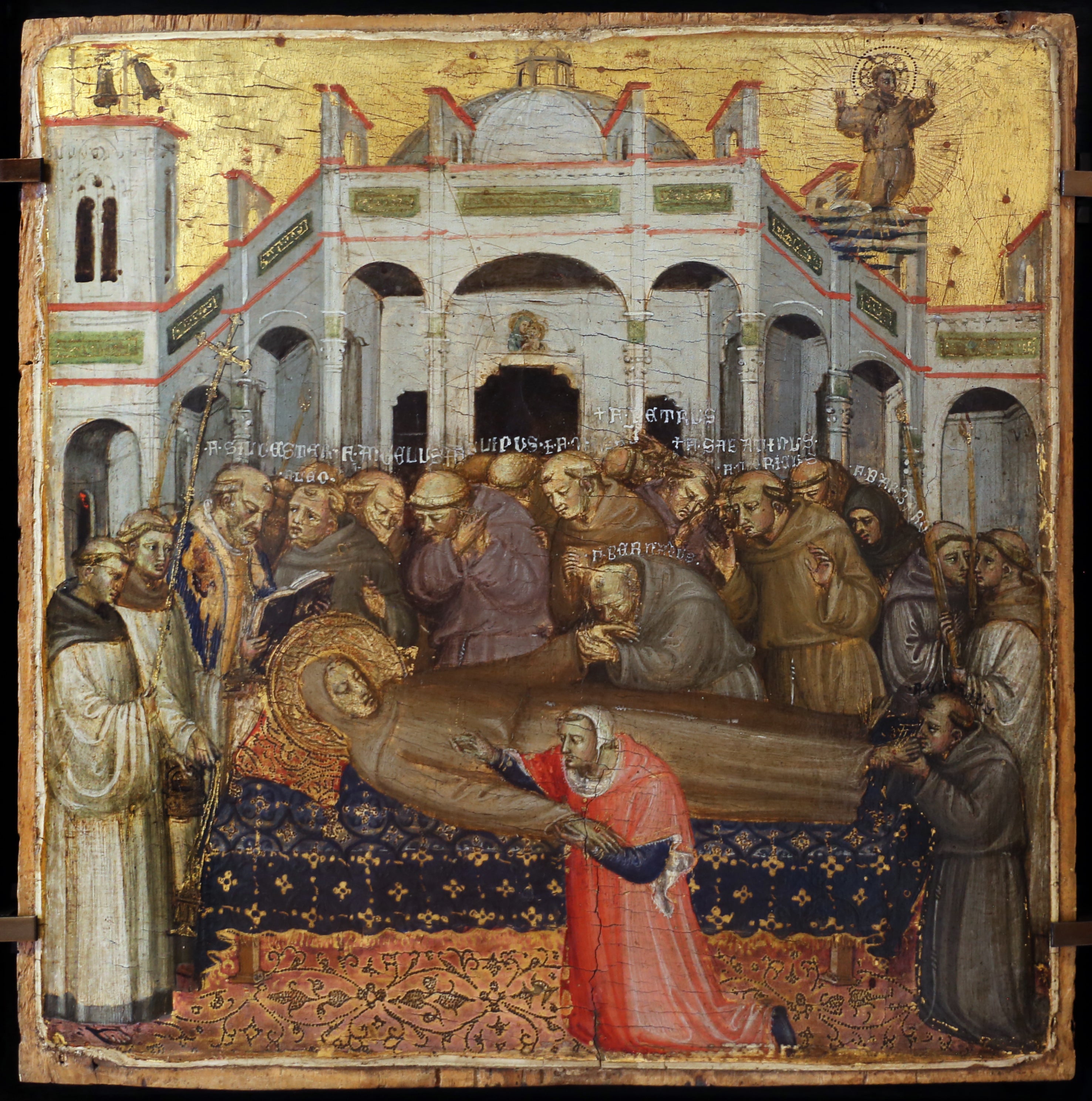 Les funérailles de saint François : vérification des stigmates en présence des premiers frères franciscains, Sylvestre, Angélus, Léon, Philippe, Pierre, Bernard, Sabatinus, Barbaro, Gilles, Masseus, Maurice. - Bicci di Lorenzo