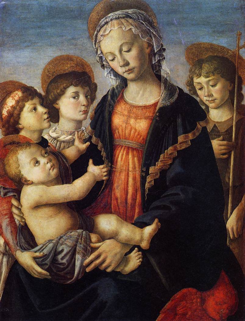 Jomfruen med barnet, den unge Sankt Johannes Døberen og to engle - Sandro Botticelli