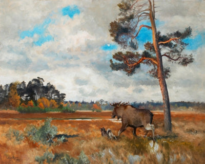 Élan et chien d'élan norvégien dans un paysage d'automne - Bruno Liljefors