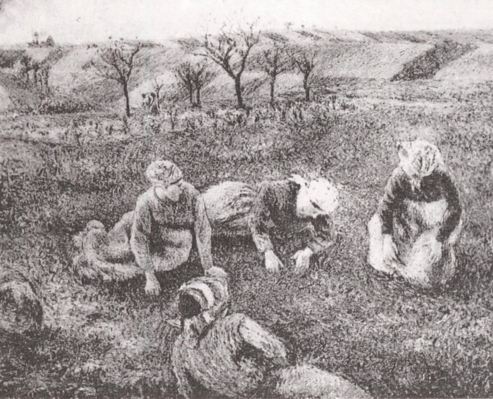 Reproduction du tableau « Paysanne désherbant, Pontoise - Camille Pissarro » par Alpha Reproduction en peinture à l’huile