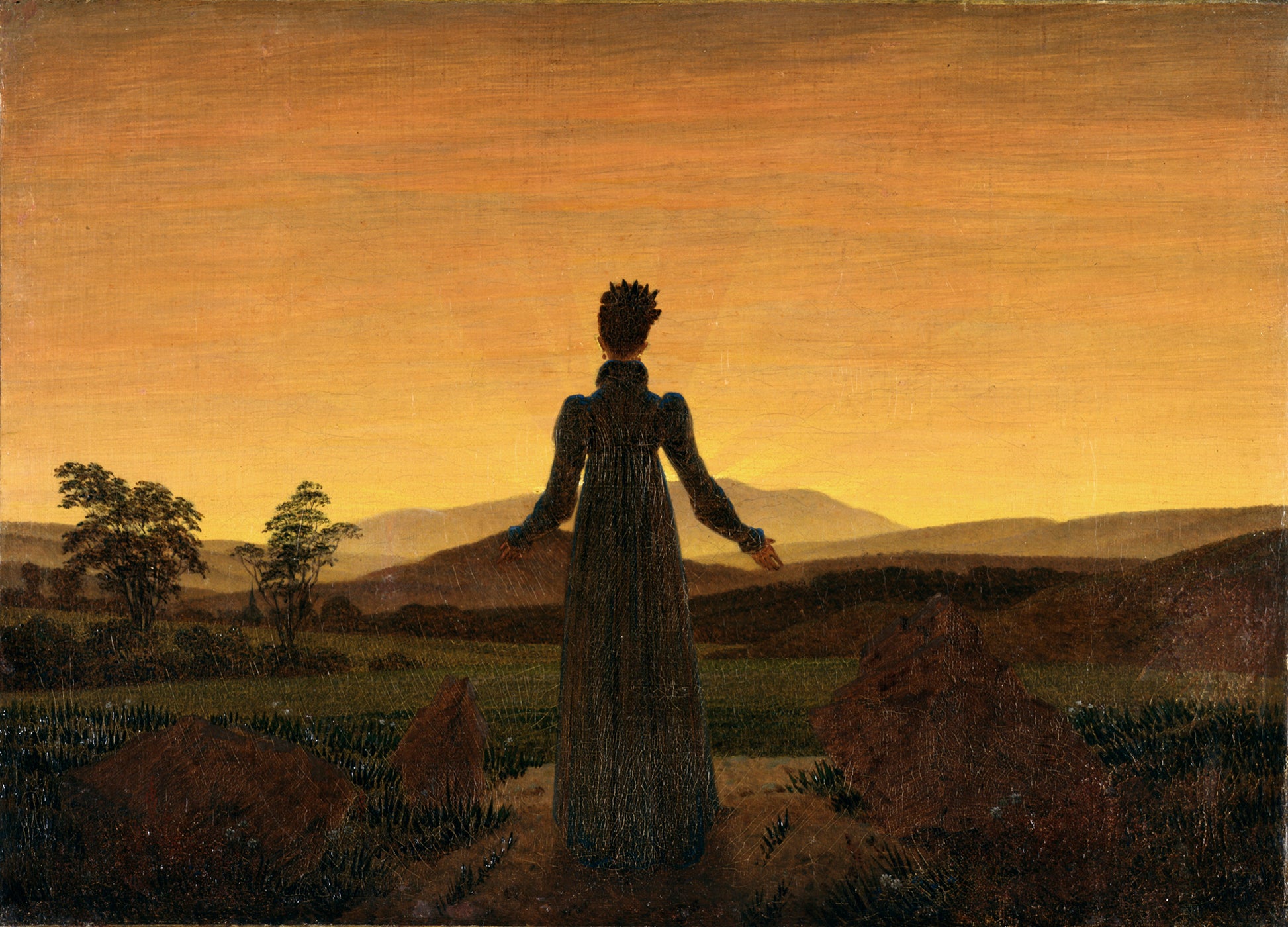 Reproduction du tableau « Femme devant le coucher de soleil - Caspar David Friedrich » par Alpha Reproduction en peinture à l’huile