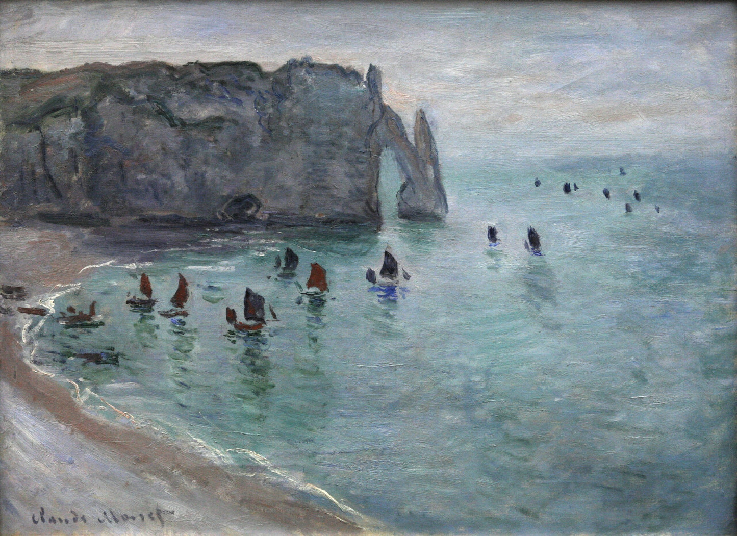 🖼️ Étretat, Porte d’Aval – Fiskerbåde der forlader havnen – Claude Monet (omkring 1885)