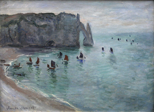 🖼️ Étretat, Porte d’Aval – Fiskerbåde der forlader havnen – Claude Monet (omkring 1885)
