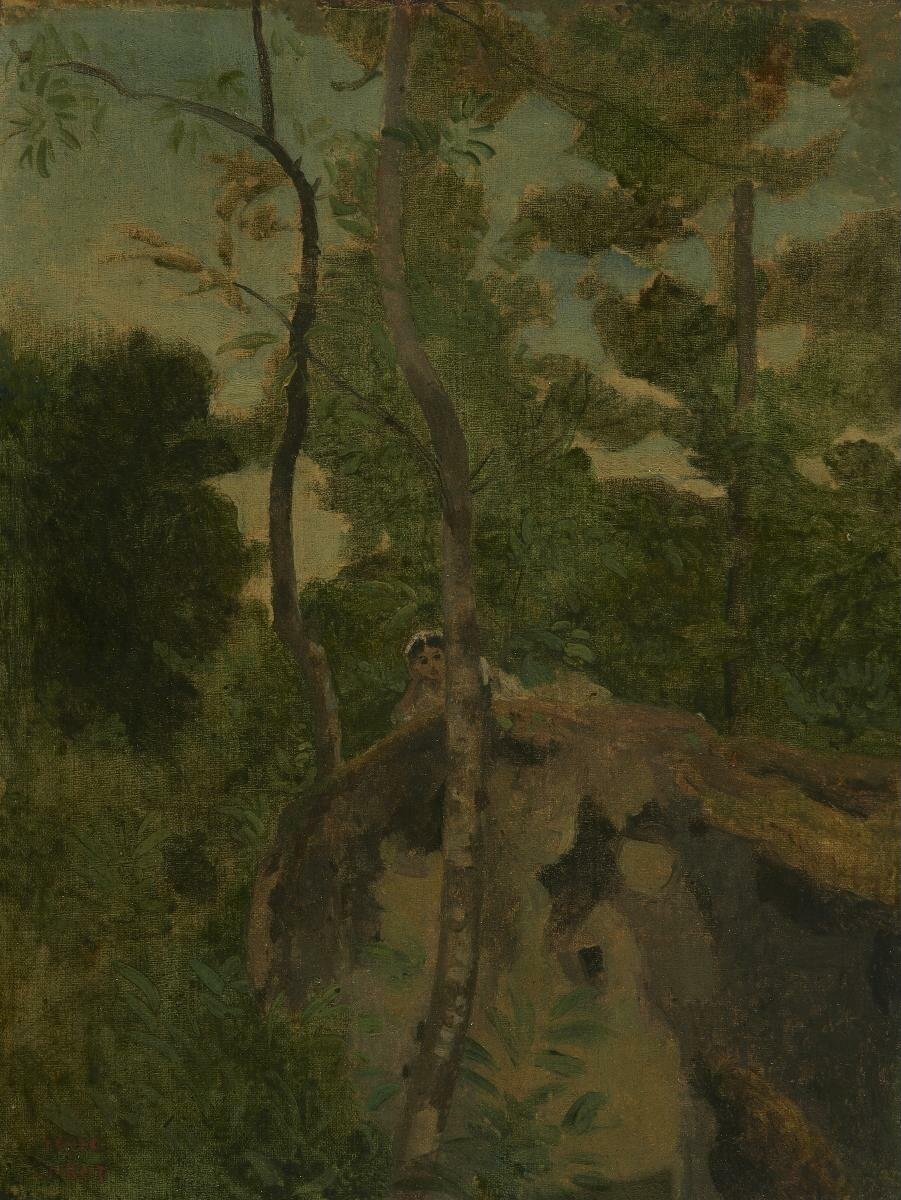 Les Alinges. Jeune fille couchée sur un rocher sous les arbres - Jean-Baptiste Camille Corot