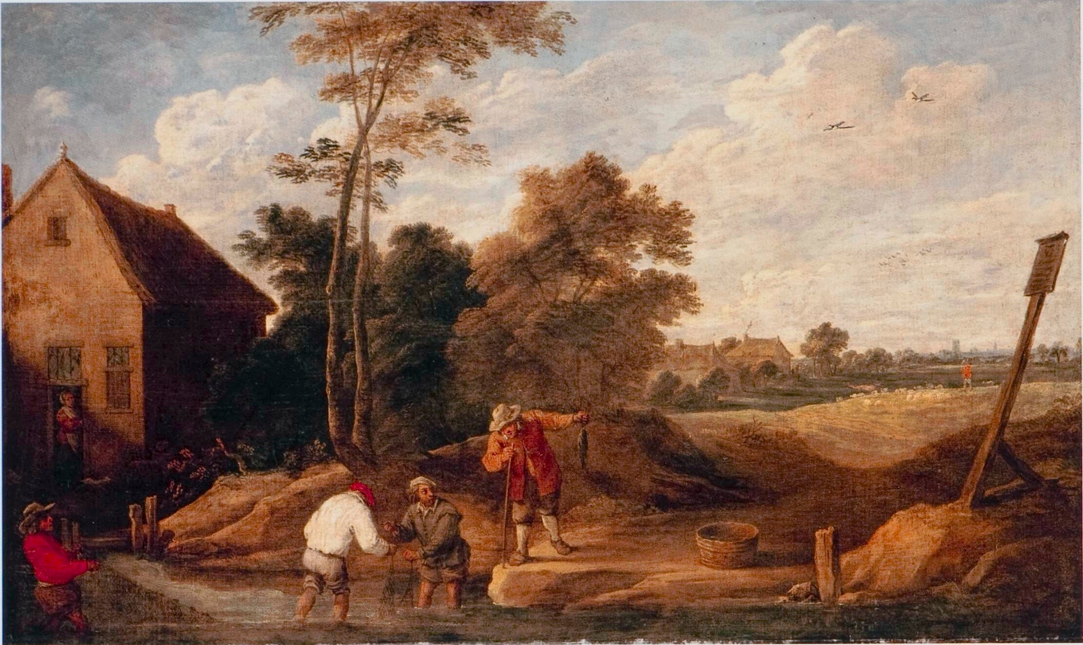 Paysans pêchant dans un ruisseau, près d'un chalet - David Teniers le Jeune