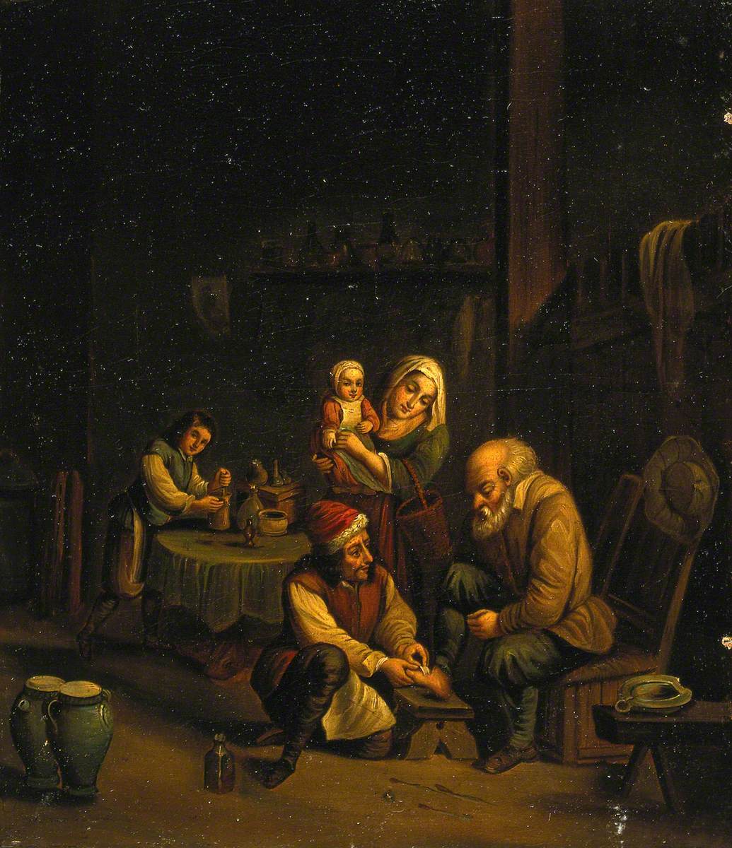 Intérieur avec un chirurgien soignant le pied d'un homme et trois autres personnages - David Teniers le Jeune