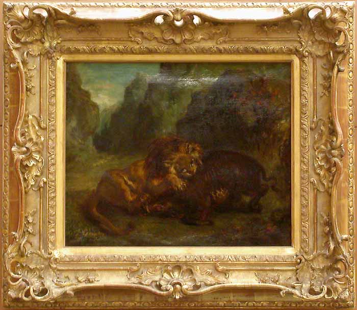 Reproduction du tableau « Lion et Sanglier - Eugène Delacroix » par Alpha Reproduction en peinture à l’huile
