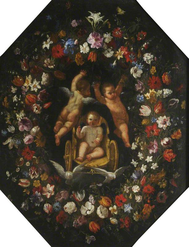 Cupidon dans un char entouré d’une couronne de fleurs - Domenichino - Alpha Reproduction