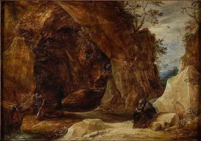 Ermite siddende på en klippe ved indgangen til en hule - David Teniers den Yngre