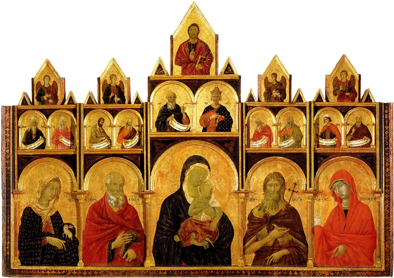 Polyptyk af Jomfruen med Barnet med helgener - Duccio di Buoninsegna
