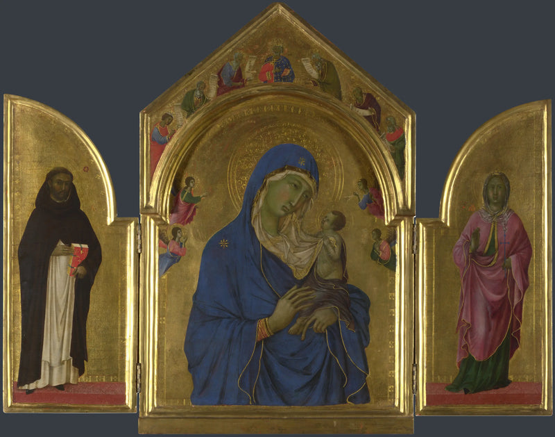 Jomfruen med barnet med helgenerne Dominikus og Auréa - Duccio di Buoninsegna