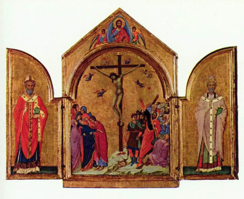 Triptyk: Korsfæstelsen; Frelserskikkelsen med engle; Sankt Nikolaus; Sankt Gregor - Duccio di Buoninsegna