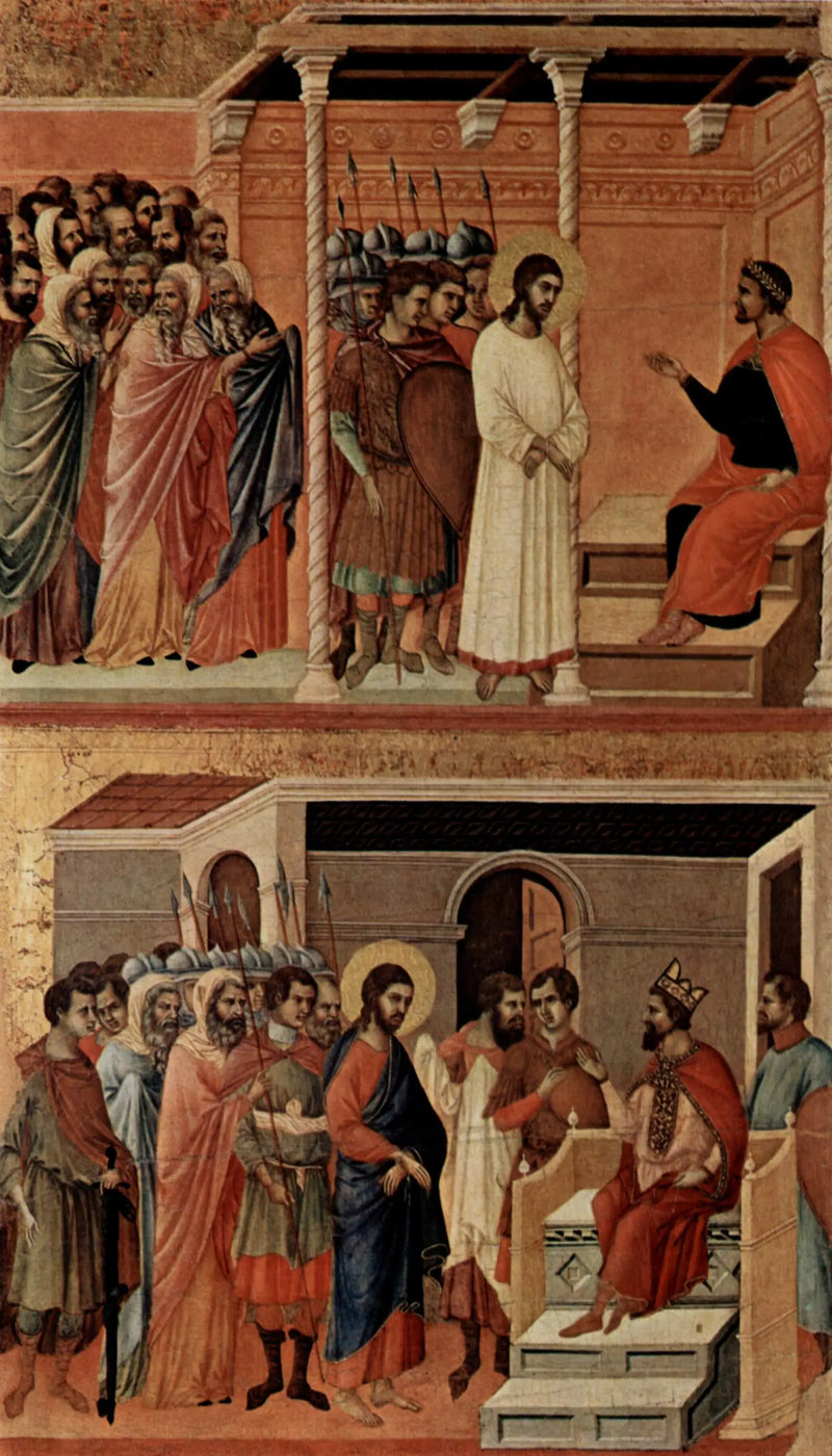 Kristus foran Pilatus igen (øverst); Kristus foran Herodes (nederst) - Duccio di Buoninsegna